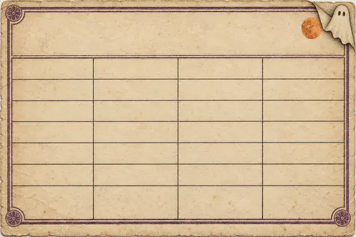 Original Halloween ephemera illustration in engraved vintage style: an aged parchment library checkout card with a blank ruled grid, muted plum ornamental border and a small ghost-shaped folded corner with a pumpkin accent, for Halloween library-card journal and craft graphics.