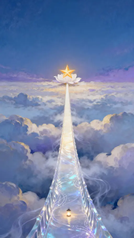 A thin, luminous bridge arcs across slow-moving, pillowed clouds toward a single blooming star that glows bright yet soft, framed vertically for an intimate ascent scene.