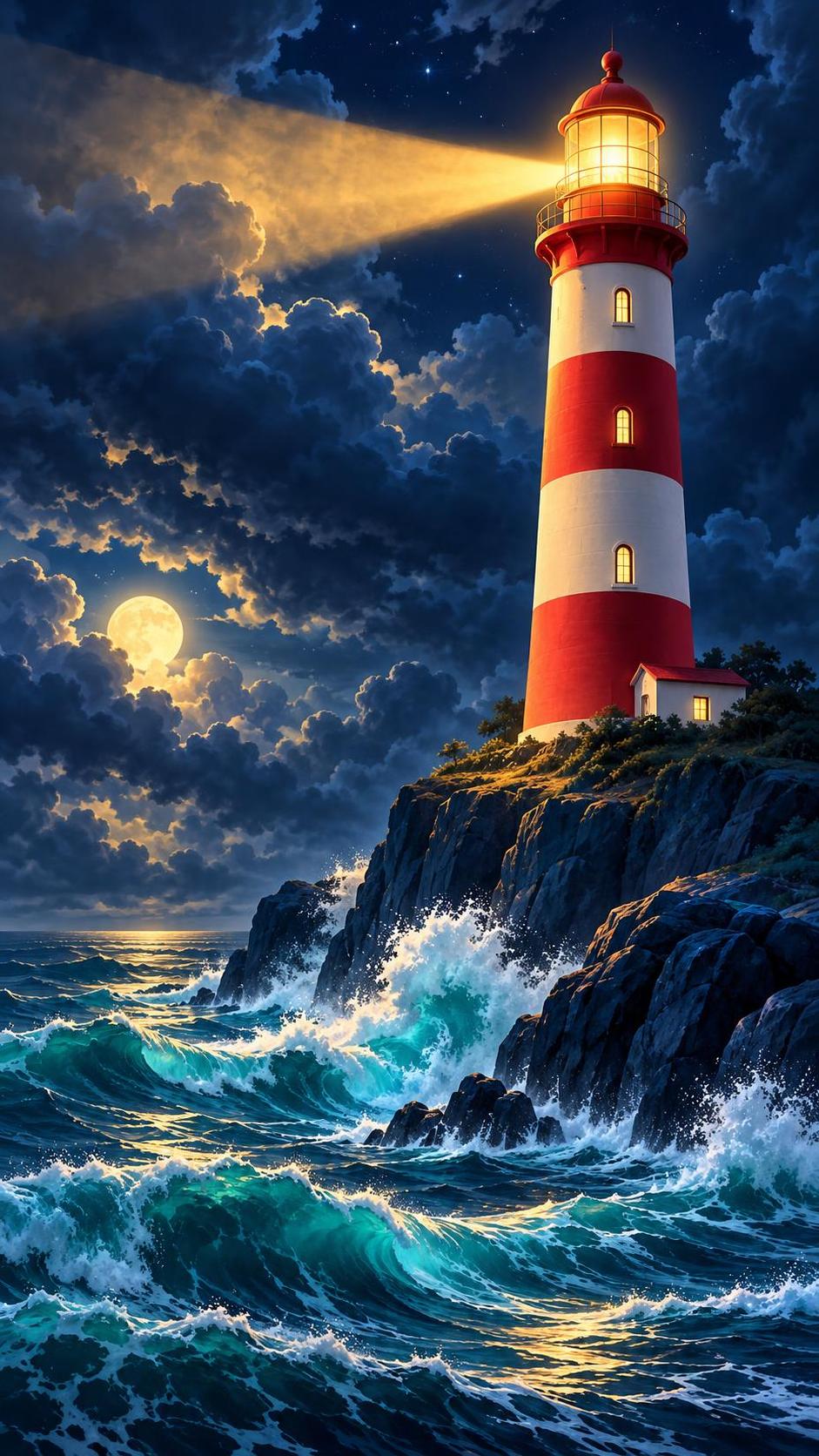 A solitary white and red lighthouse stands on a rugged bluff above crashing waves with its beam cutting through a stormy dusk sky.