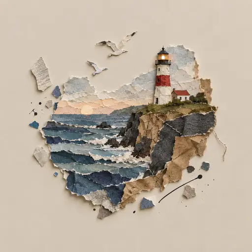 Mixed-media collage slice of a torn-paper lighthouse with a warm lamp above a newsprint sea, two gulls circling, dissolving into scraps on a warm oat field.