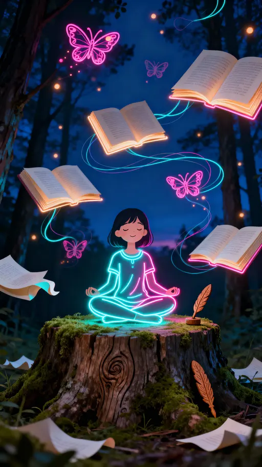 A glowing line-art girl sits cross-legged on a mossy forest stump as luminous line pages and doodle butterflies float upward, casting soft neon color into the shadowed trees.