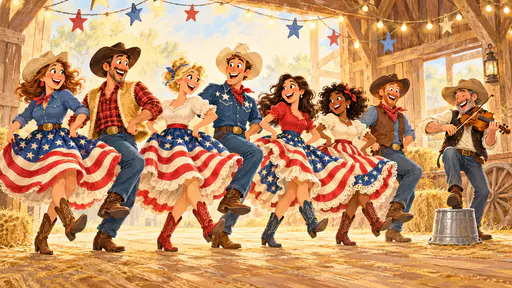 Line dancers in flag skirts and shirts swirling stripes in a star hung barn at night. Thirteen stripes and a neat canton work honest.