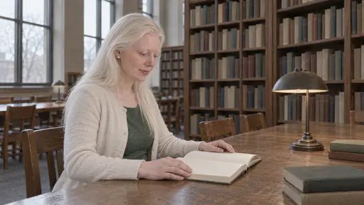 A woman with albinism in her mid thirties with long white-blonde hair reads an open blank book at a long plain library table in soft tall-window light, tall plain shelves rising behind her.