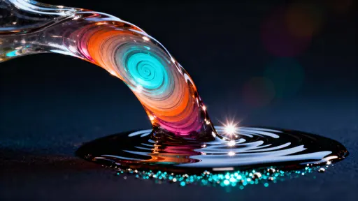 A viscous stream of liquid glass arcs from the upper-left into a shallow pool on a dark matte plane, glowing cyan through warm orange and magenta gradients with tiny metallic specks.