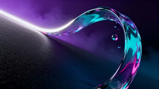 A thick translucent liquid-glass ribbon arcs from lower-center to upper-right against a matte charcoal-navy plane, with violet-to-cyan gradient, magenta veins, and suspended cyan or magenta droplets.