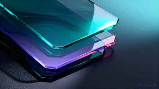 Three large semi-transparent liquid glass slabs staggered center-left with teal, cyan, lilac and navy refractions, a serene smooth gradient occupying the right, and faint grain in bottom-left.