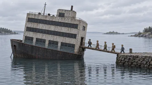 A sinking ship: a miniature office building with a ship hull lists sideways in a calm harbor as water rises through its lowest windows while small wooden workers file along a gangway to a dry pier.