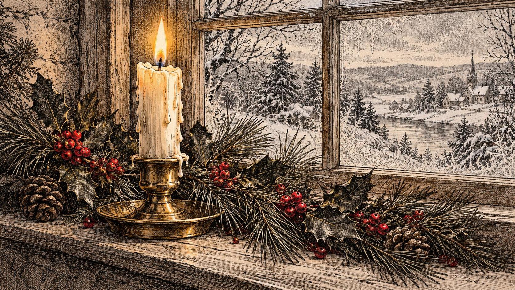 A lit candle with running wax drips on a small brass holder is wrapped with a garland of pine, red berries and holly with a soft warm glow on a winter windowsill.