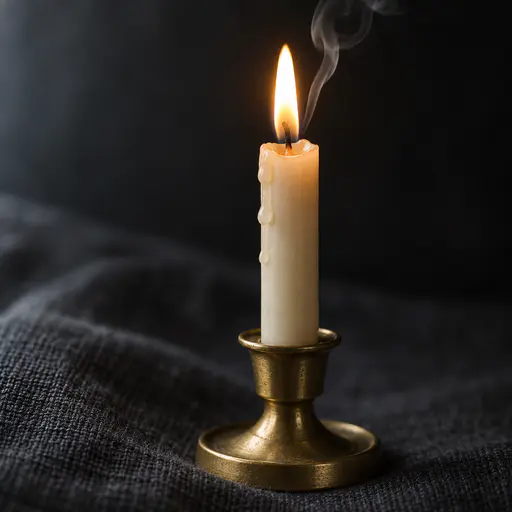 A single lit ivory taper candle in a plain brass holder on dark charcoal linen, a sharp flame with a long thin ribbon of grey smoke curling upward, two beads of wax on the stem and a soft black background.
