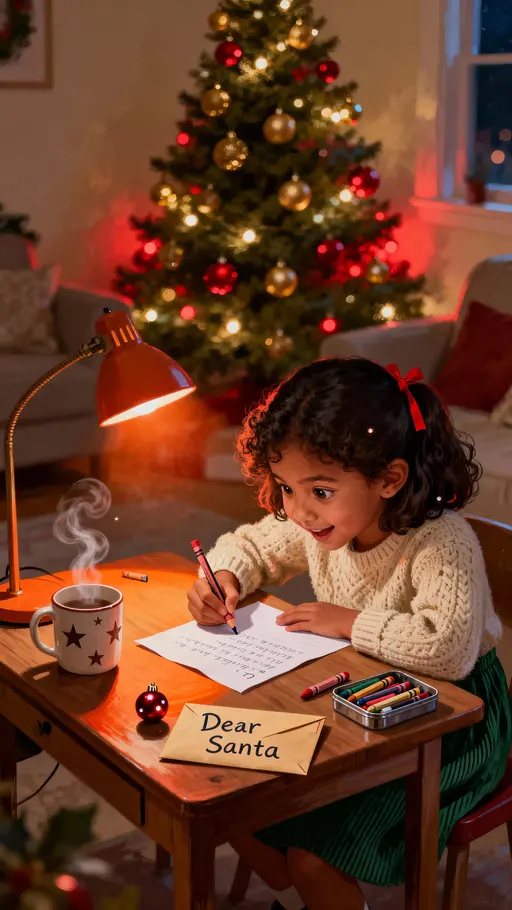 Vertical cozy 9:16 scene of a young girl intently writing a letter to Santa at a small desk, warm lamp glow and a softly sparkling Christmas tree creating a safe, tender mood.