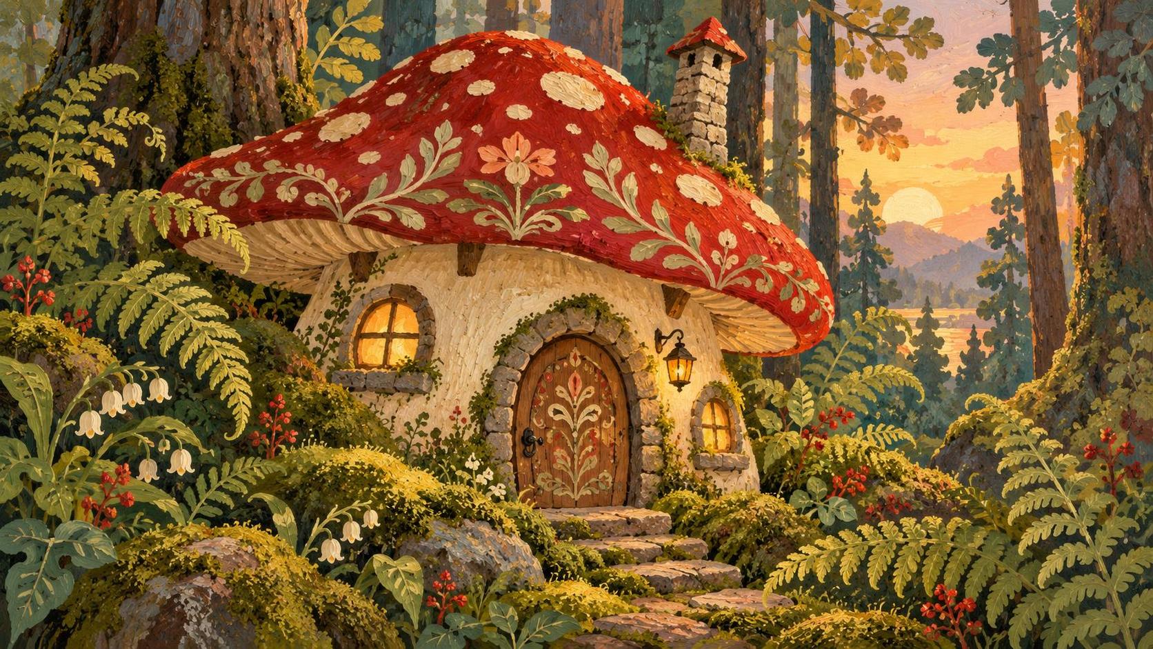 A small mushroom house in a forest with a red capped toadstool roof, a round door, tiny lit windows and a chimney is surrounded by ferns and moss in soft dawn light.