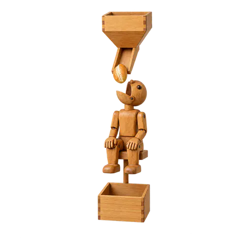 A wooden automaton hovers with one small bread roll tumbling down a chute into its open mouth while an empty wooden box hangs below, picturing 'living from hand to mouth', resources consumed the moment they arrive with nothing stored.