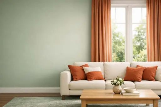 Pristine living room medium shot with sage-green walls, terracotta floor-to-ceiling curtains framing large windows, cream sofa, light-wood table, calm serene mood.