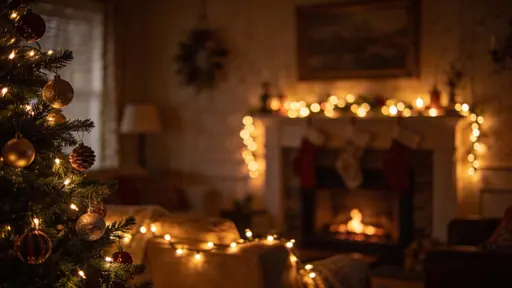 A cozy living room at dusk decorated for the holidays with warm glowing fairy lights strung across a slightly dim ambient interior, evoking intimate evening cheer.