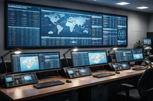 A wide 3:2 interior photograph of a logistics timing control room with tracking displays and dispatch desks, shot for poster-cover use in an editorial context.