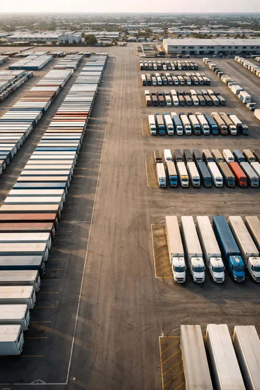 Aerial photographic study of a logistics yard where trucks and trailers form precise geometric patterns, composed for a vertical 2:3 poster-cover with calm light.