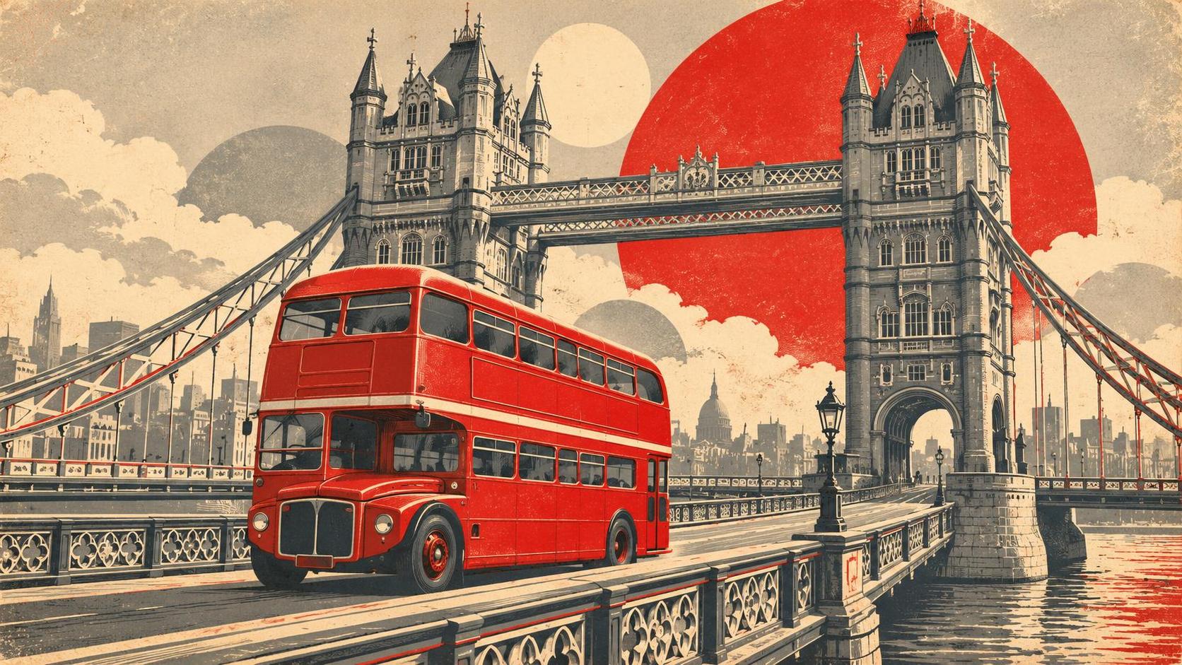 A red London double decker bus crosses Tower Bridge in a vintage travel poster of layered red, grey and cream planes with etched contours.