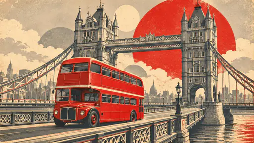 A red London double decker bus crosses Tower Bridge in a vintage travel poster of layered red, grey and cream planes with etched contours.