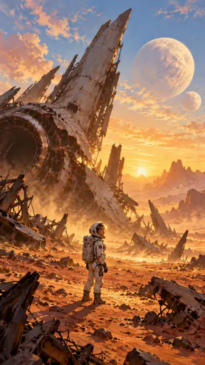 An astronaut in a white suit stands among the broken remains of a crashed spaceship on a barren alien plain with twin moons rising behind.
