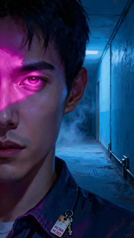 A lone figure occupies a narrow dim corridor in a vertical 9:16 head-and-shoulders portrait, bathed in a cool blue wash with magenta edge light to create a calm, mysterious mood and cinematic two-tone contrast across skin and hair.