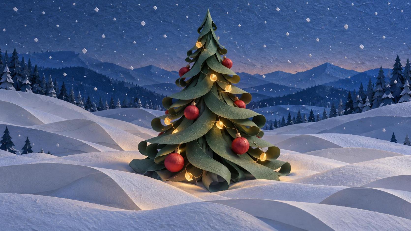 A small Christmas tree stands alone in deep fresh snow with sparse warm lights and a few red ornaments on its branches in soft snowfall and quiet blue twilight.