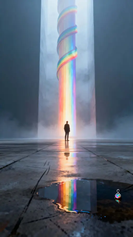 A lone figure stands beneath a towering spiraling column of rainbow light in a deep vertical void, framed in a 9:16 crop that emphasizes ascent and isolation with luminous color contrast and quiet atmosphere.