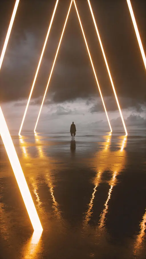Centered lone figure stands in a minimal surreal vertical landscape as glowing gold streaks tear through a charcoal-gray sky over reflective wet ground, rendered in high-contrast, cinematic 9:16 framing.