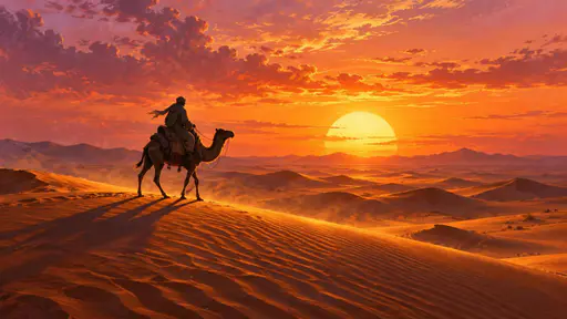 A lone nomad rides a camel across a vast desert seen in silhouette against a setting sun with long shadows over rippled dunes under an orange and violet sky.