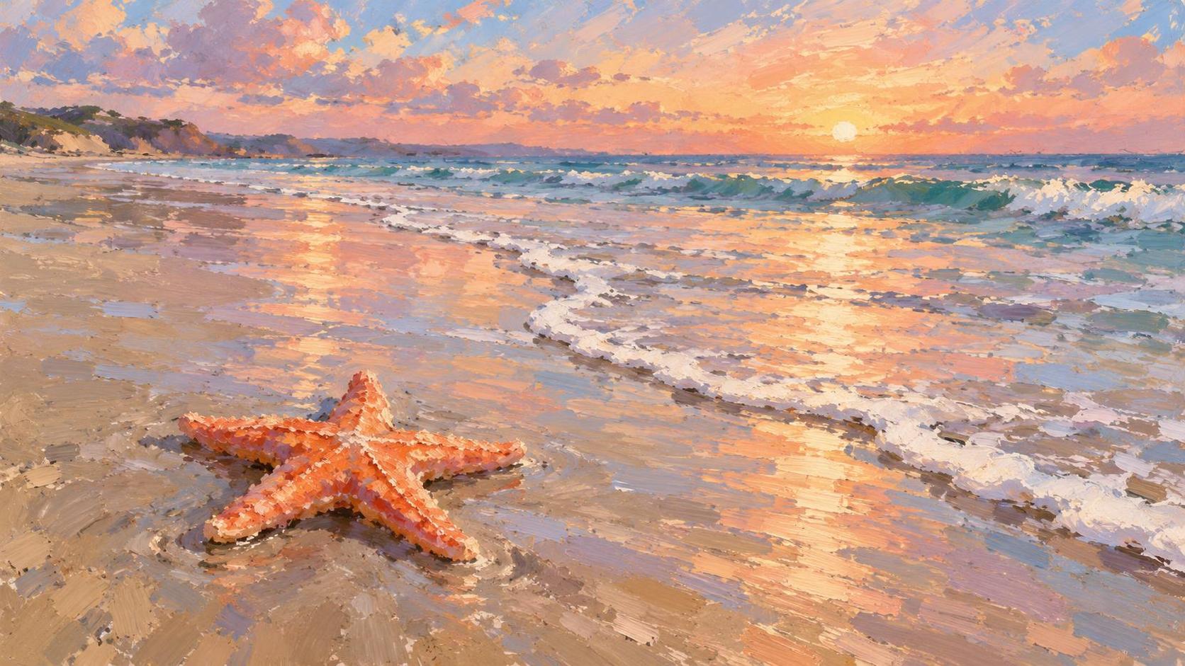 A lone starfish rests on a smooth expanse of wet sand at the tide line with a thin foam edge of a wave nearby and a soft pastel sky reflected in the sand.