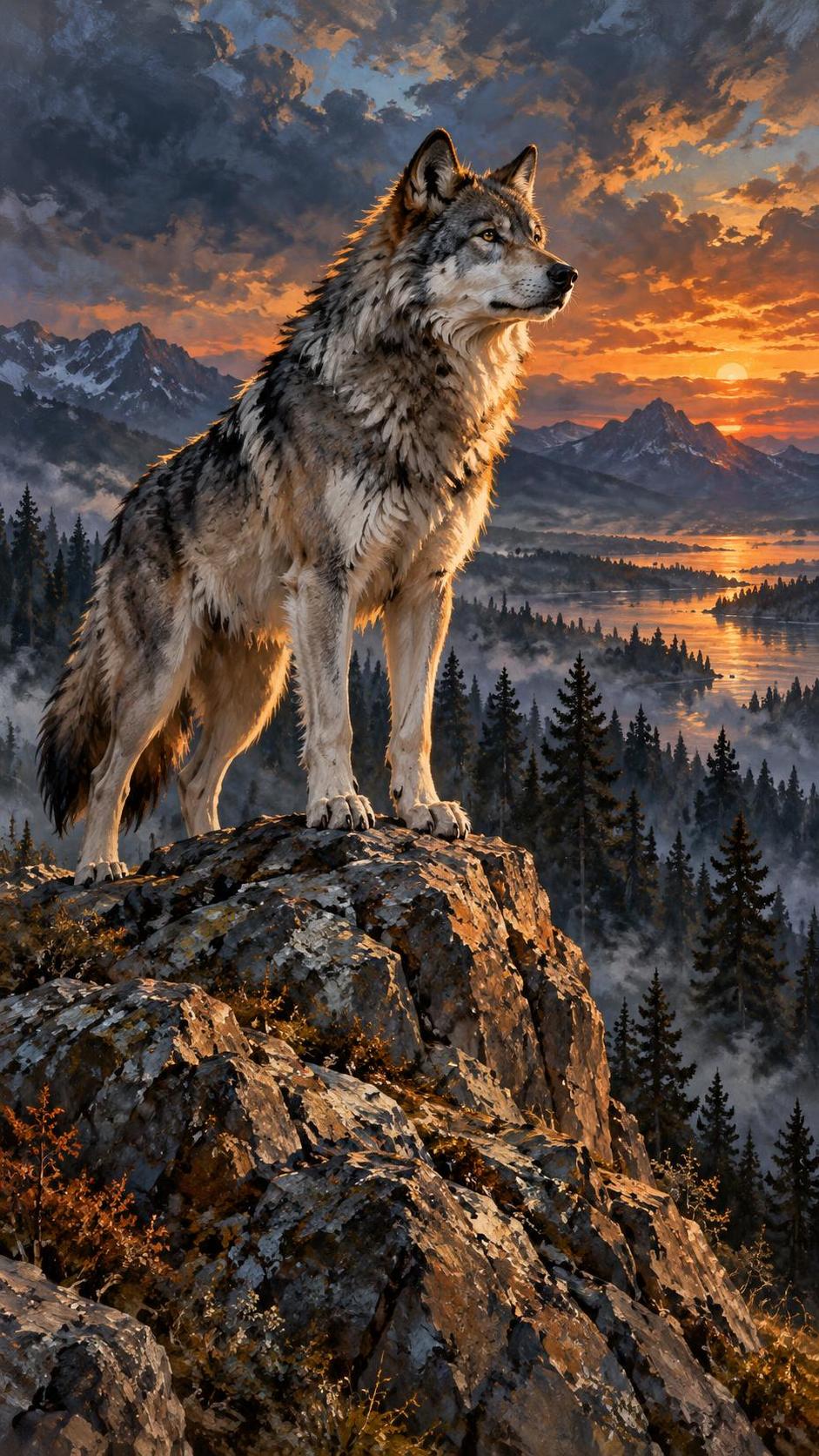 A majestic gray wolf stands on a rocky outcrop at dusk looking into the distance with a dark pine forest behind and a cold orange afterglow on the horizon.