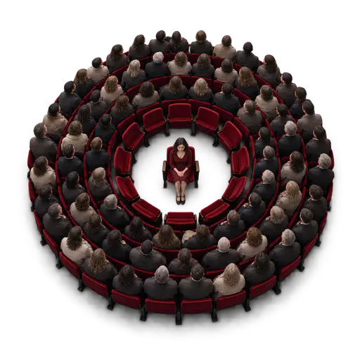 Loneliness is an empty seat in a crowd. Seen from above, a young woman sits alone on a crimson theater seat inside a perfect ring of twelve empty seats, while a dense crowd in muted coats fills the rows beyond the gap. Being surrounded by others does not guarantee connection.