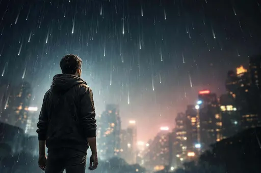 A melancholic solitary figure in fine-art photography, shown with surreal upward-falling rain and low-angle drama, composed for a 3:2 poster-cover framing and crop guidance.
