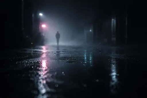 3:2 cinematic night wallpaper of a distant, unreadable figure framed by reflections on rain-slick pavement with muted magenta and dim cyan accents, deep shadows.