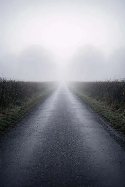 A solitary paved road leads into thick morning fog in a 2:3 portrait composition, described for a muted, atmospheric landscape photograph for wallpaper use.