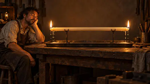 Burning the candle at both ends: a side-view conceptual editorial photograph in warm low candlelight, where one long horizontal candle rests on two slender metal supports with a small flame burning at each of its opposite ends, wax dripping into a tray below while a tired worker sits slumped…