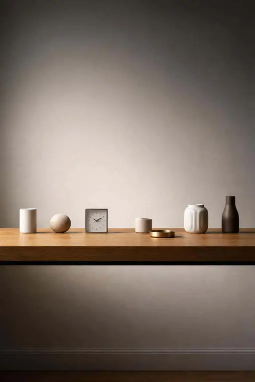 A 2:3 still-life product photograph of a long desk with evenly spaced objects and a single misaligned item, shown with precise framing and calm minimal lighting.