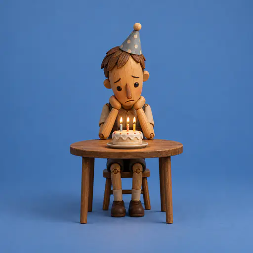 Long face: a wooden puppet with one elongated face and downturned mouth sits alone at a small birthday table beneath soft warm light.