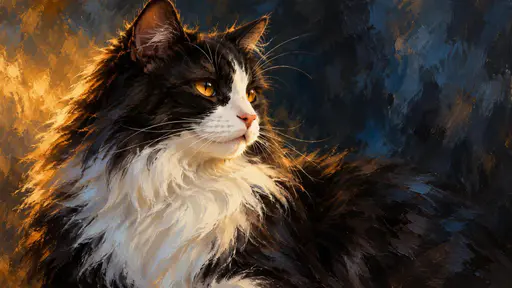 A long haired black and white tuxedo cat with a fluffy white chest and amber eyes looks elegantly to one side in warm raking light against cool blue shadow.