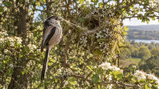 A long-tailed tit with a long tail clings to a thorny branch pulling a strand of pale spider silk across a half-formed domed nest of moss and lichen in dappled woodland-edge shade.
