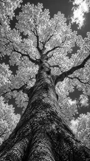 Looking up the trunk of an old beech tree into a canopy of glowing silvery leaves against near-black limbs and a dark graded sky in infrared.
