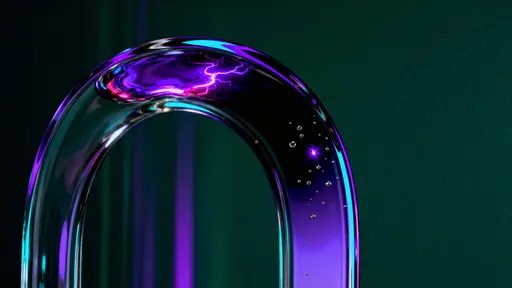 A large looping arch of transparent glass curves from the lower-left to the upper-center against a deep forest-green near-black background, glowing with saturated violet and magenta streaks.