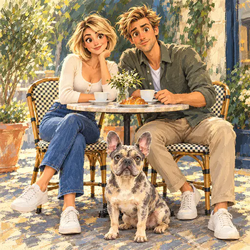 Loose painterly gouache scene of a cartoon-style couple with a French bulldog at a round cafe table in ochre and blue