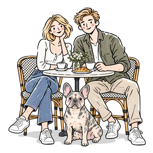 Loose pen-line cartoon of a couple with coffee and croissant at a bistro table and their French bulldog, on a transparent background