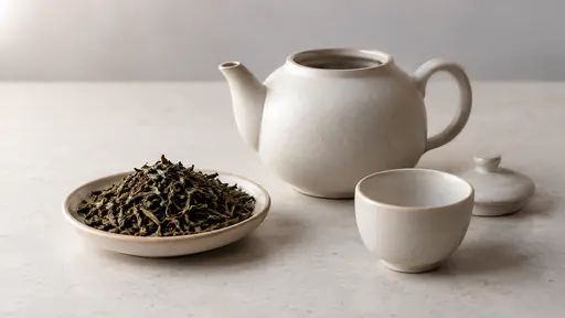 A small dish of dry loose tea leaves rests on a kitchen counter beside a plain empty teapot with its lid off and a small empty cup.