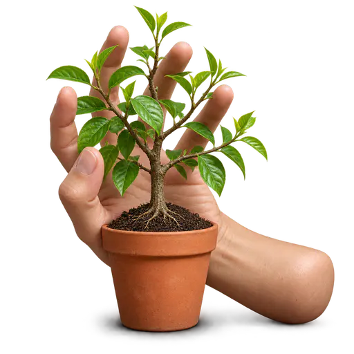 Loosening your grip: a large open hand lifts its fingers away from a rooted sapling in a plain terracotta pot, its pressed branches spreading free — allowing more freedom or reducing control.