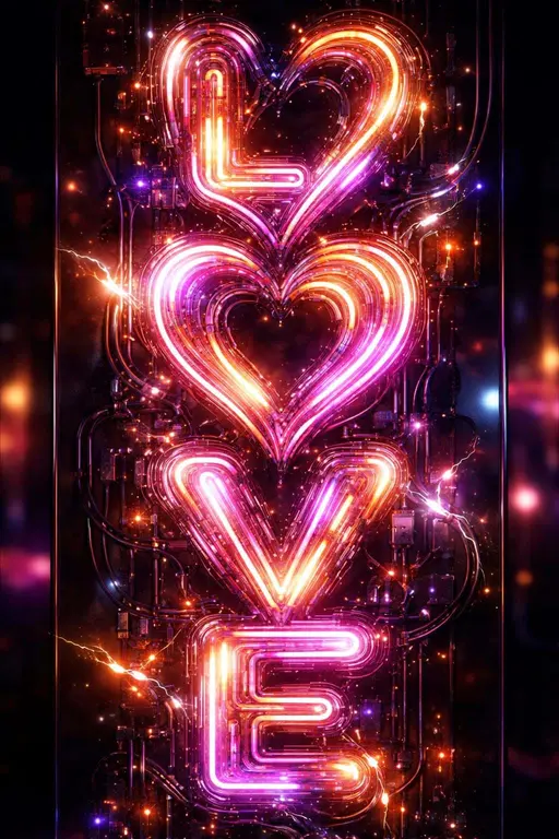 Tight 2:3 vertical 3D render of 'LOVE' formed by heart-shaped multicolored neon tubes flickering against an obsidian glass mirror with magenta and gold sparks.