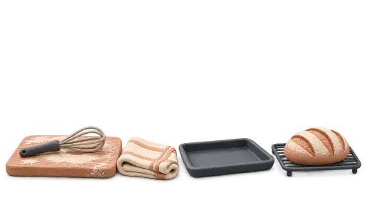 A low row of a flour dusted wooden board, a whisk, a folded cloth, an empty baking tray and a cooling loaf on a wire rack is modelled in clay on a transparent background.
