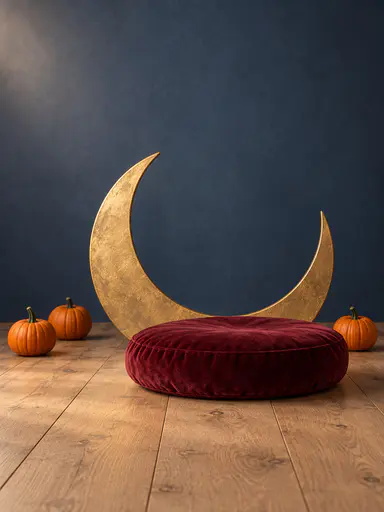 Empty Halloween pet-portrait photo backdrop photographed at seated-pet height: a low burgundy velvet cushion on pale oak floorboards before a large aged-gold crescent moon prop, with three small pumpkins well behind and a plain blue-gray wall above, leaving clear headroom for compositing a pet.