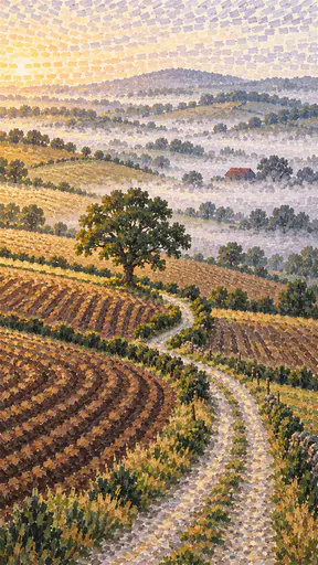 A patchwork of ploughed fields and hedgerows on gentle hills has low fog lying in the hollows with a single oak tree, a gravel lane and a distant barn roof in stamped marks.