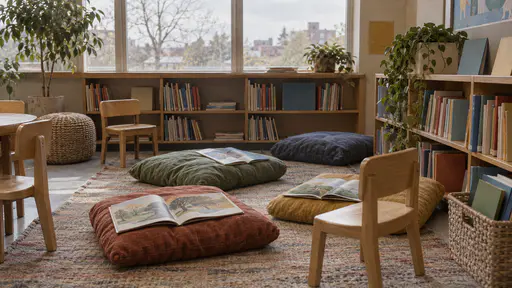 A low reading corner in a public library holds low plain shelves, small chairs, floor cushions and a rug with plain unlettered books open on the cushions in warm light.